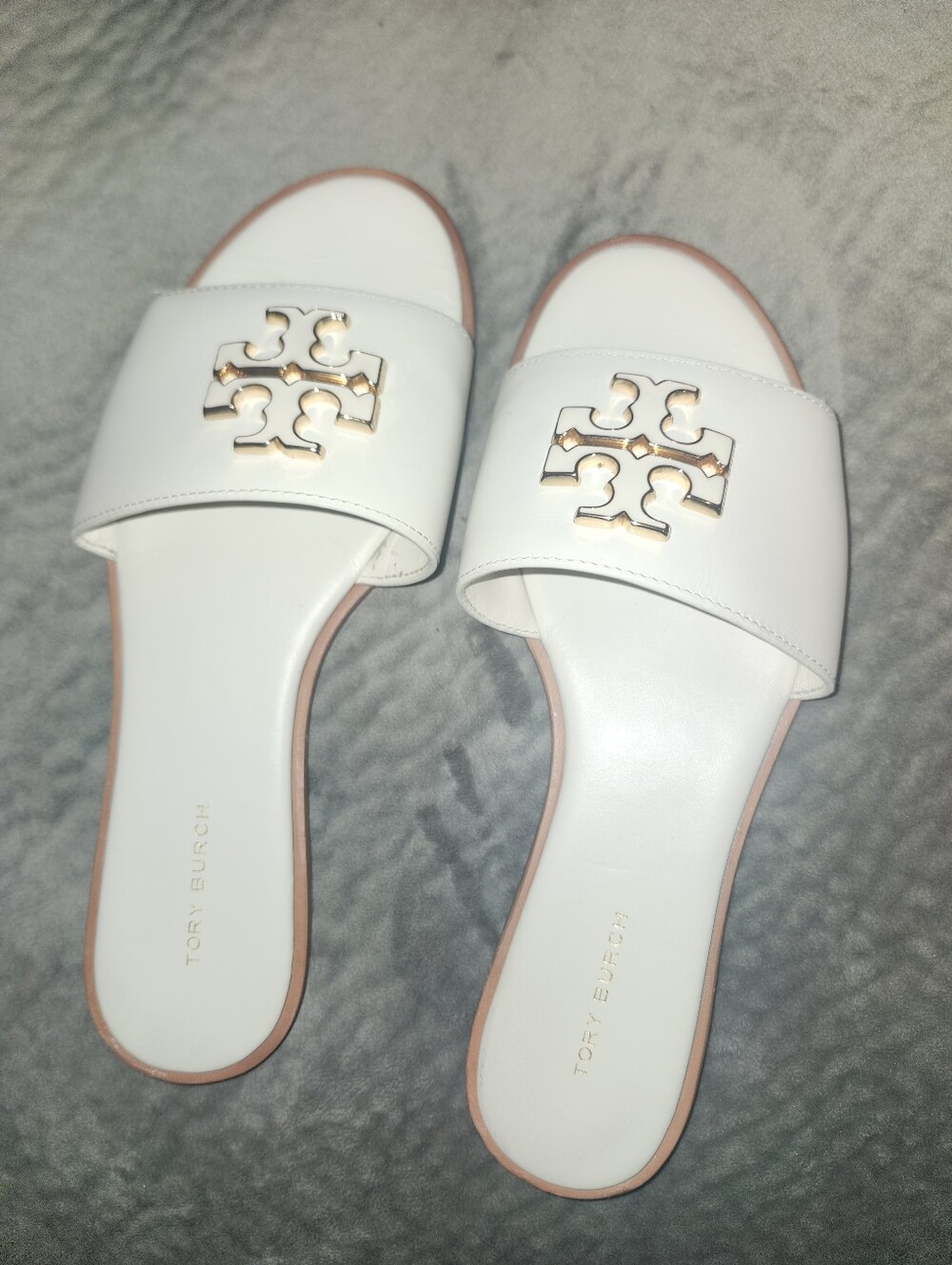 Tory Burch White Leather Logo Slide Sandals